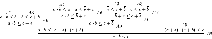 \begin{displaymath}
\infer
[A6]
{a \cdot b \leq c}
{\infer
[A9]
{a \cdot b ...
...ce
[A5]
{( c + b ) \cdot ( c + \overline{b} ) \leq c}
{}
}
\end{displaymath}